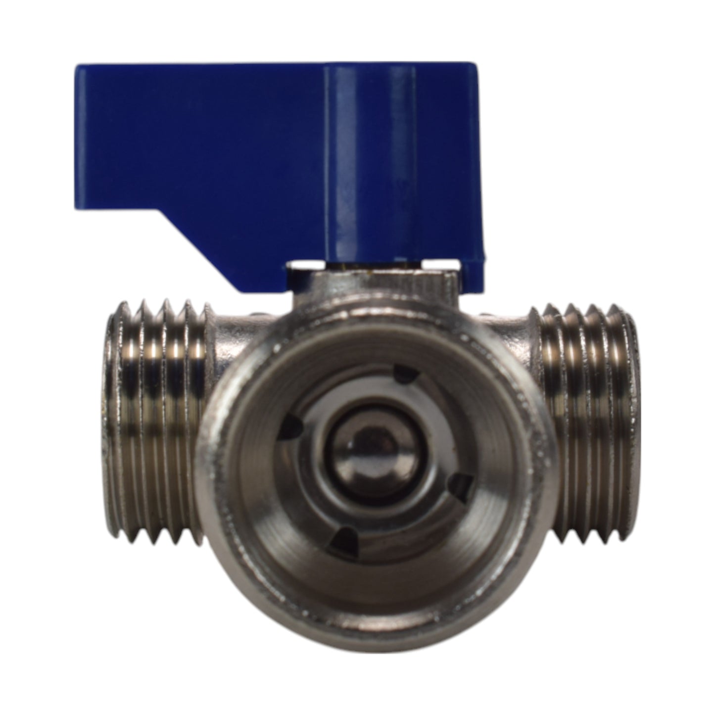 Brass compression tee valve front view with blue lever and threaded ends
