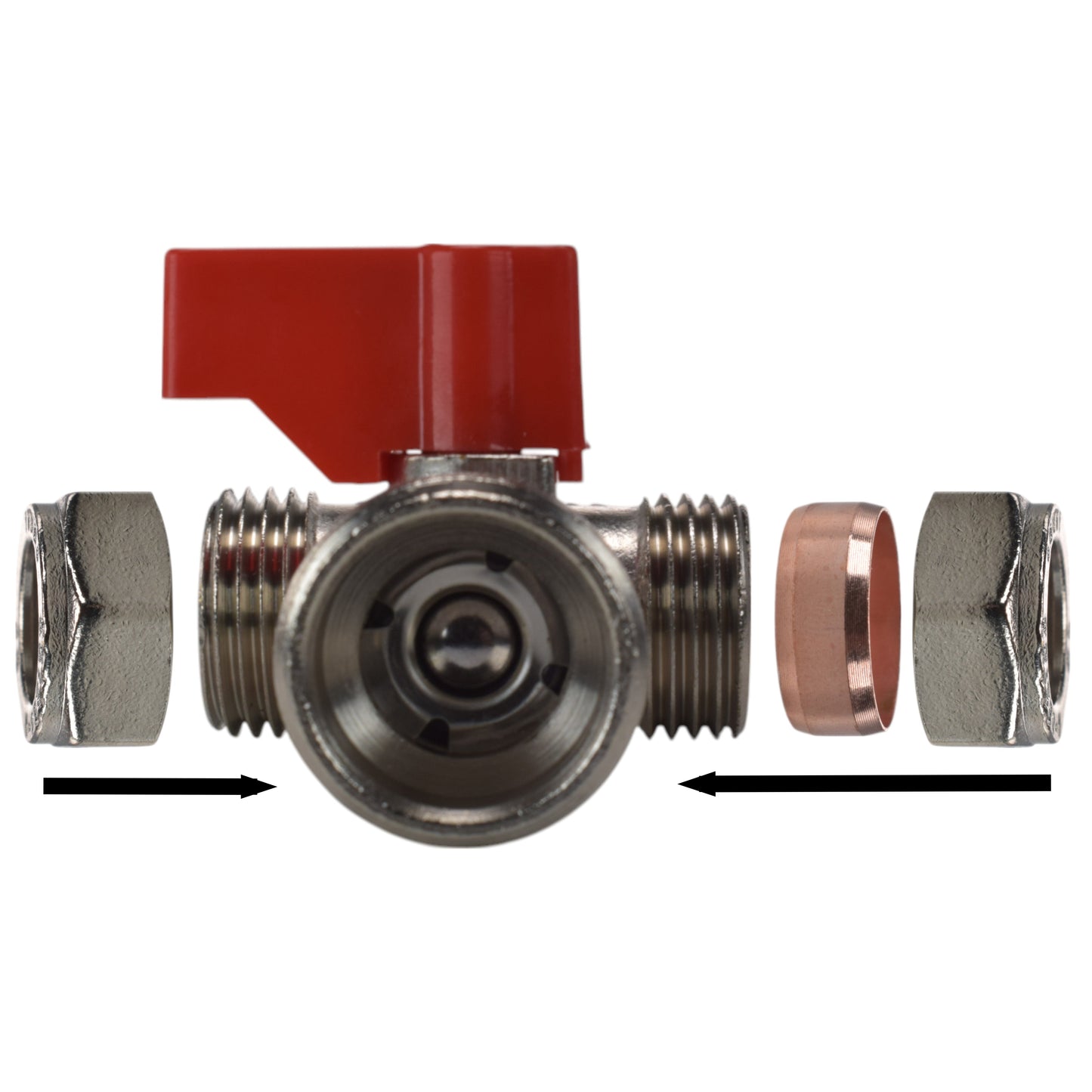 Brass compression tee valve with red lever, threaded ports and compression ends