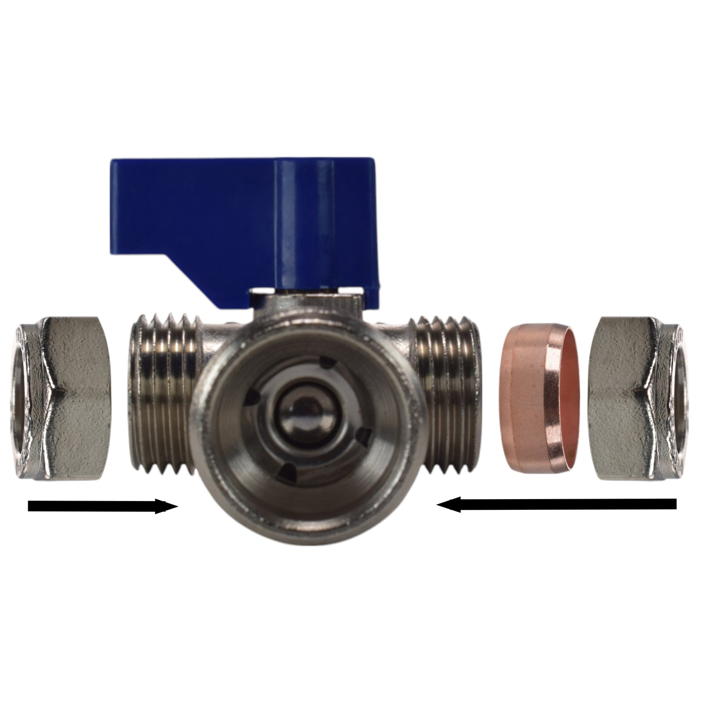 Brass compression tee valve with red lever, inlet and outlet threaded ends