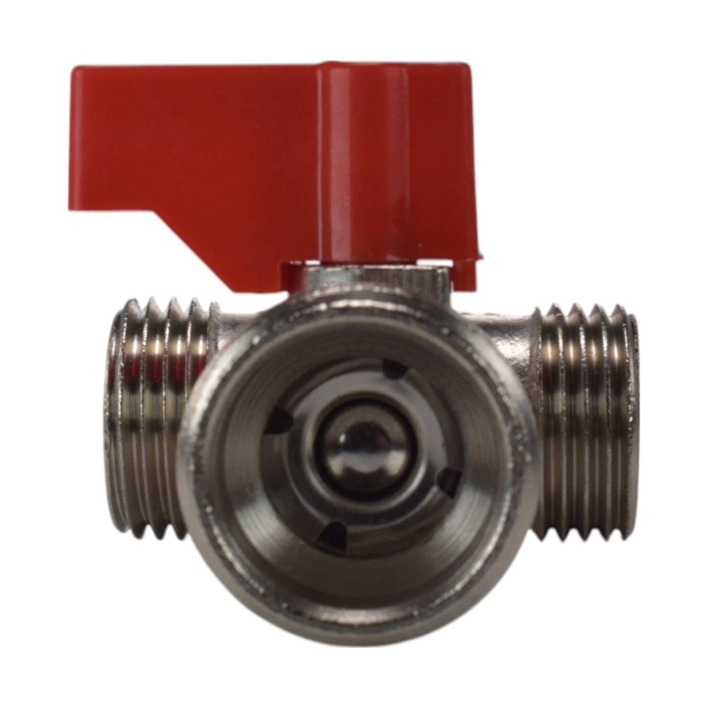 Brass compression tee valve close-up with red lever and central valve opening