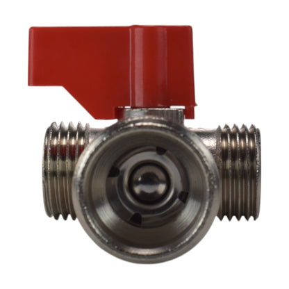 Brass compression tee valve close-up with red lever and central valve opening