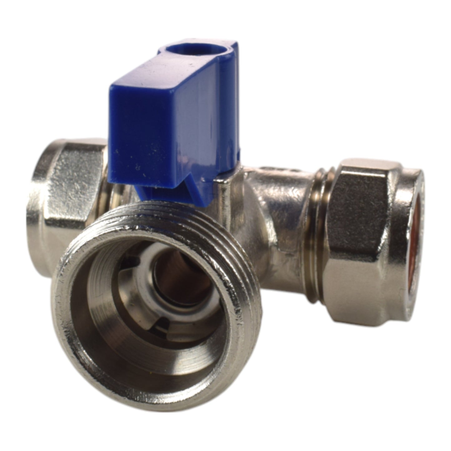 Brass shut-off valve with blue top cap and male thread outlet