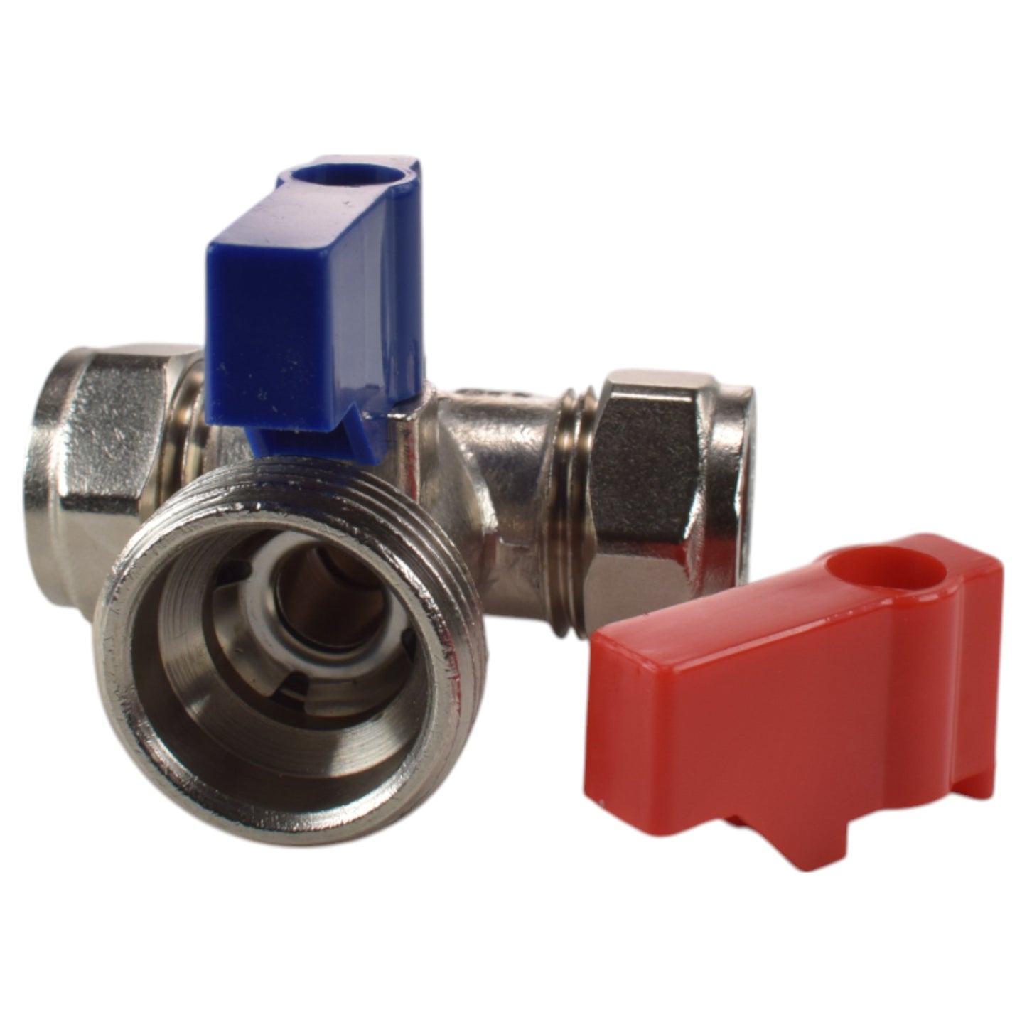 Valve fitting with blue selector cap, red lever, and threaded outlet ports