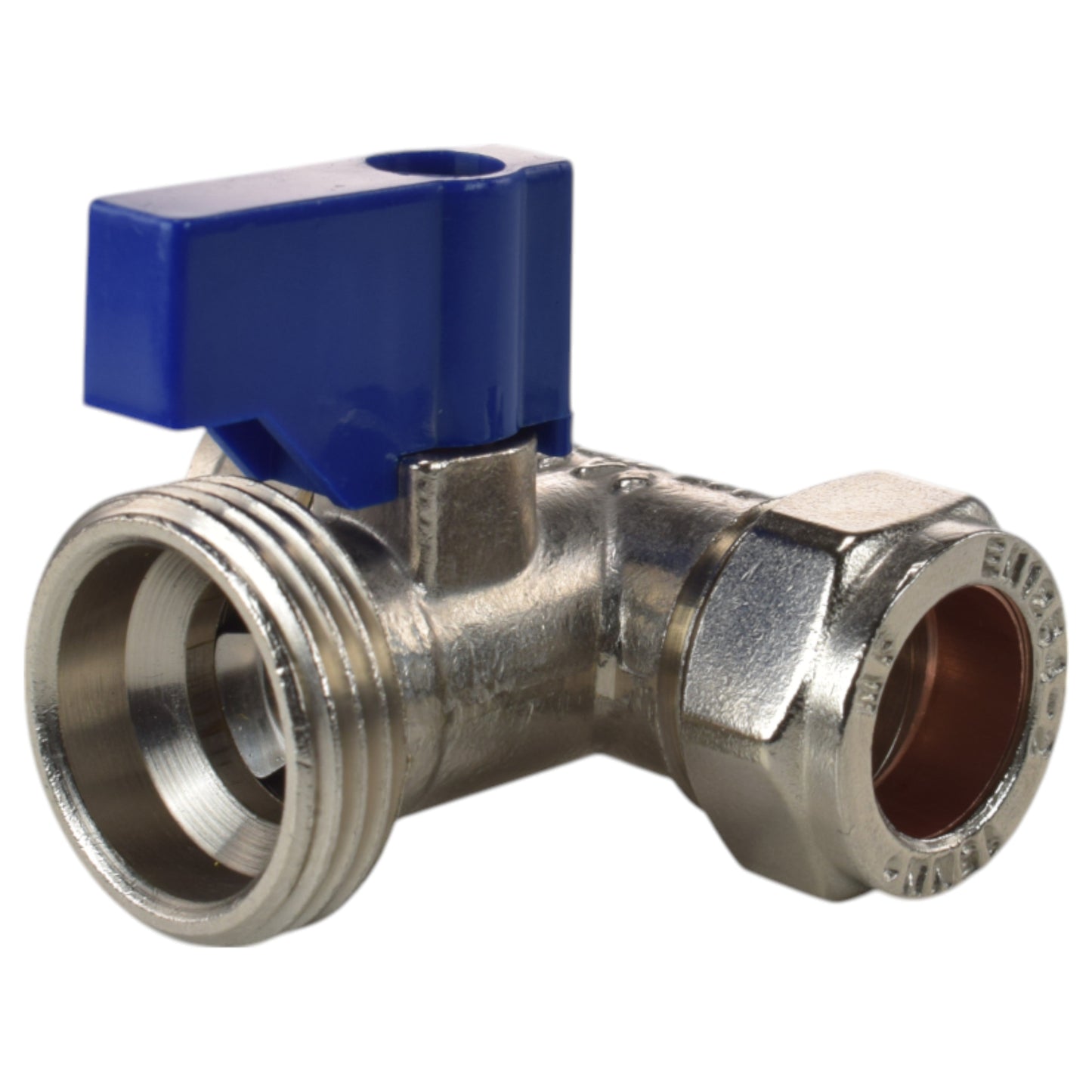 Brass compression tee valve with blue knob, ¾" BSP male threaded outlet