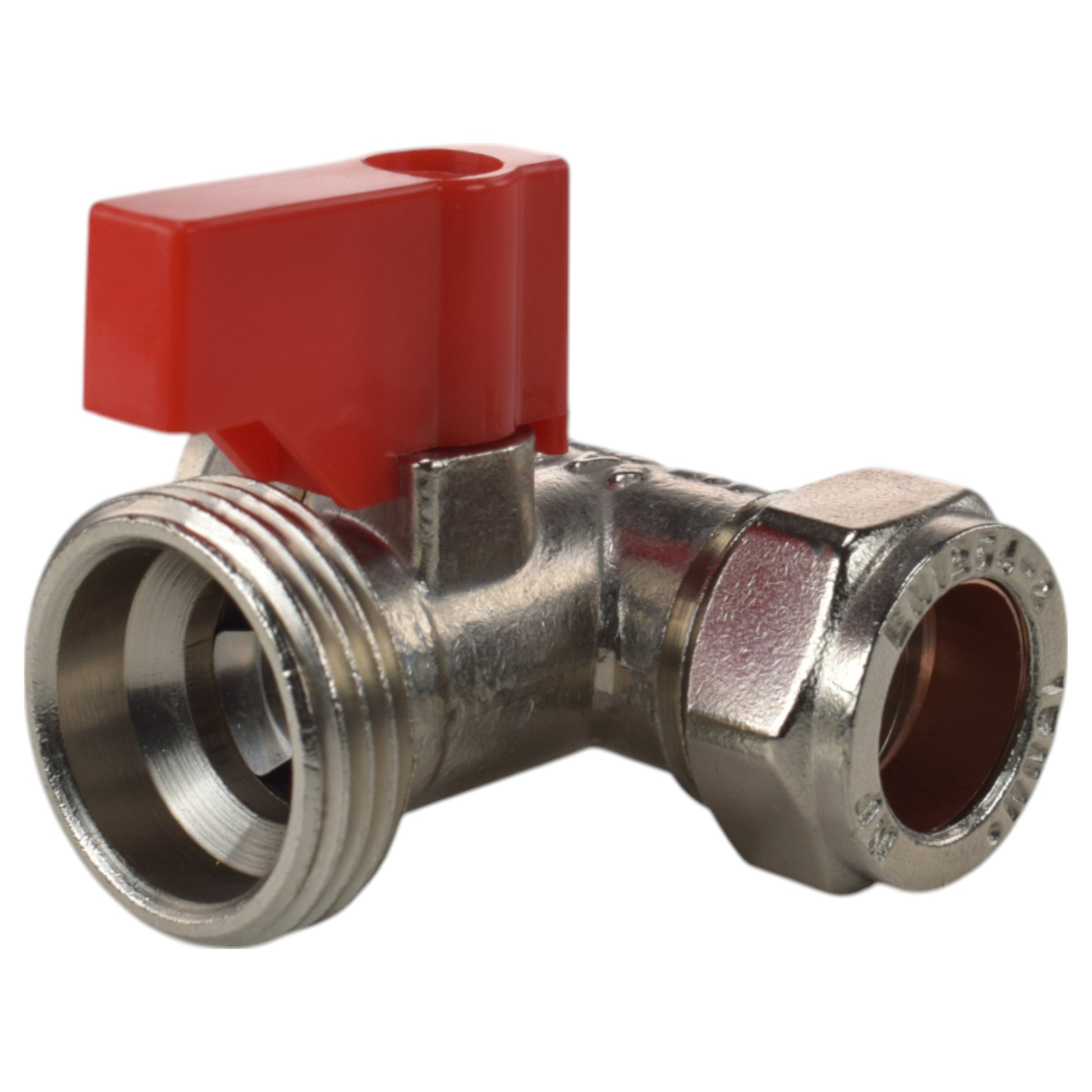 Brass compression tee valve with red lever, 15mm; 3/4" BSP male threads on both ends