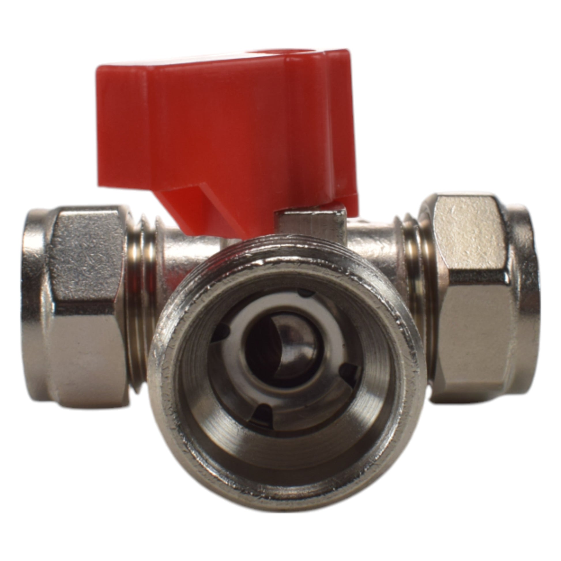 Brass compression tee valve with red lever; 15mm 3/4" BSP male connections in view