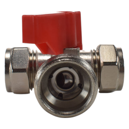 Brass compression tee valve with red lever; 15mm 3/4" BSP male connections in view