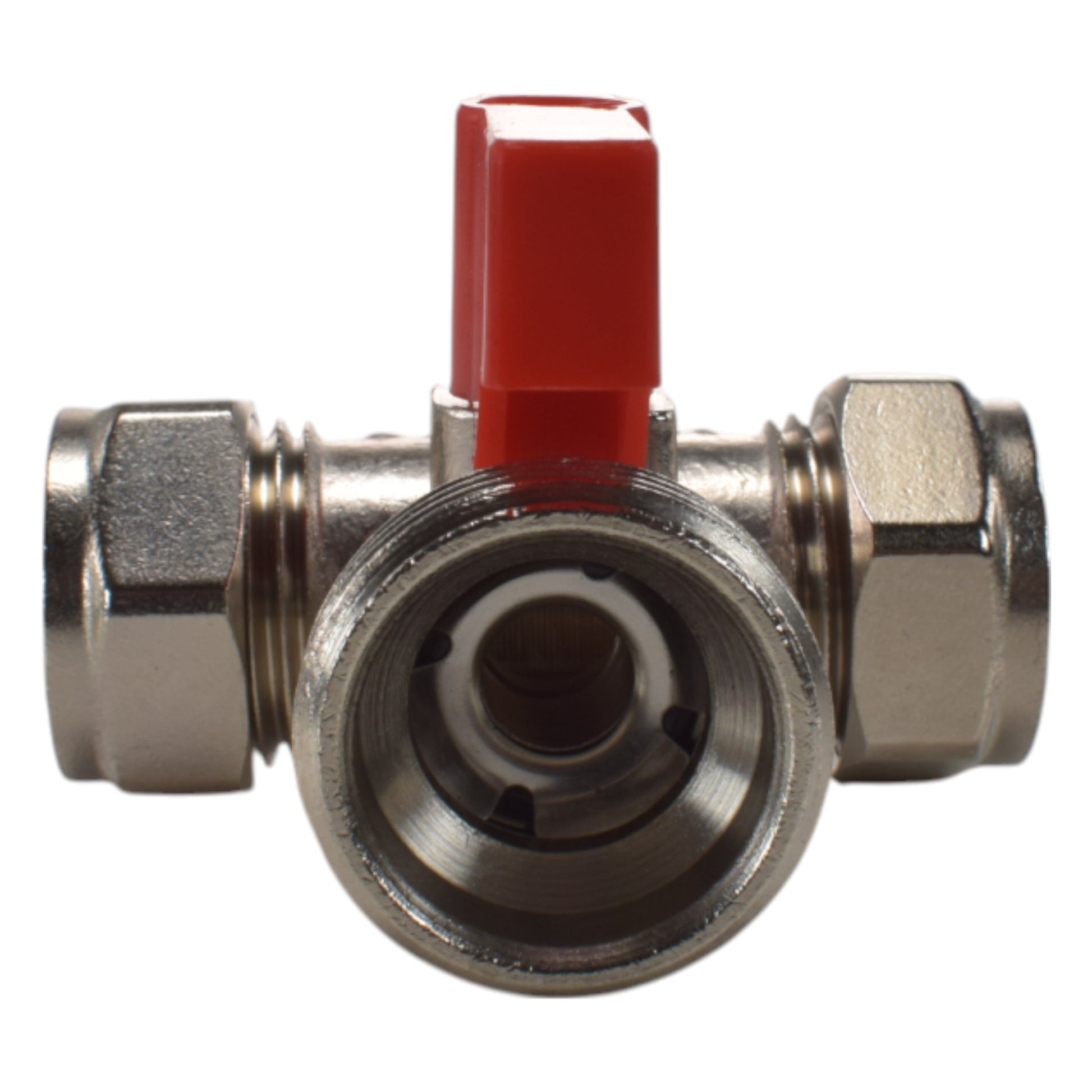 Brass compression tee valve with red lever; central body and 15mm 3/4" BSP male ends