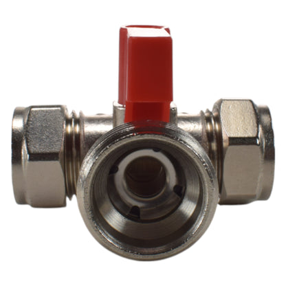 Brass compression tee valve with red lever; central body and 15mm 3/4" BSP male ends