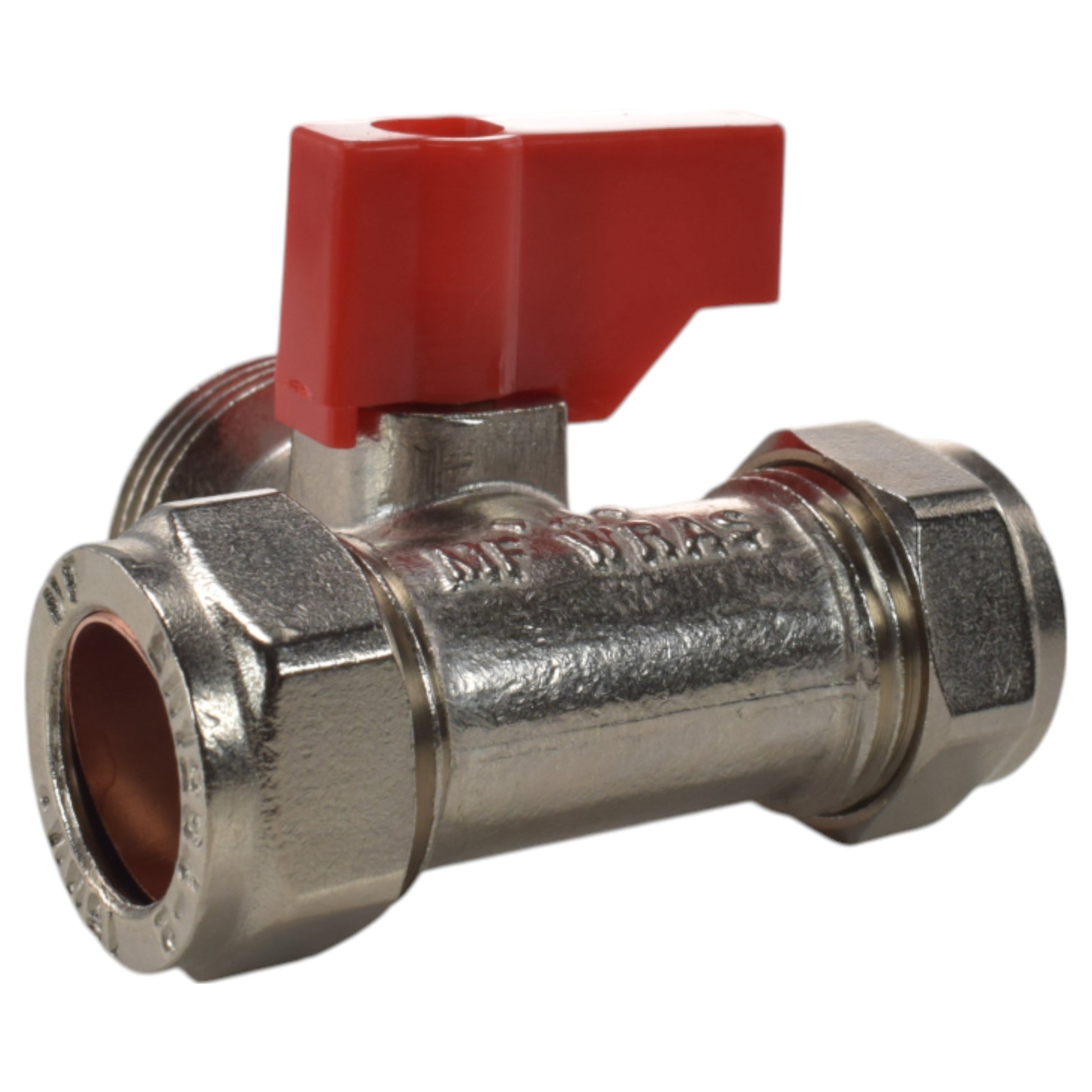 Brass compression tee valve with red lever; side view of metal body and threaded ends