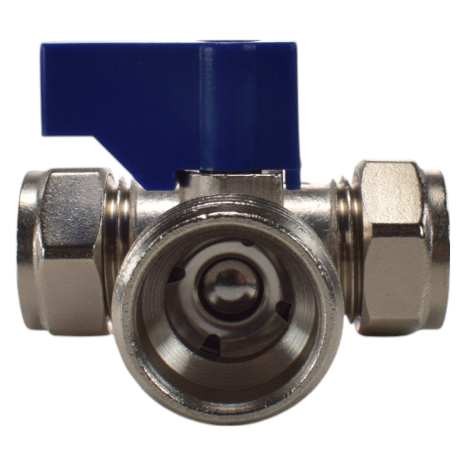 Brass compression tee valve with blue lever; circular seat and 15mm 3/4" BSP male ends