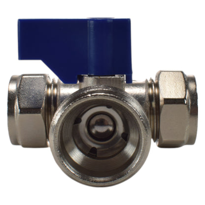 Brass compression tee valve with blue lever; circular seat and 15mm 3/4" BSP male ends