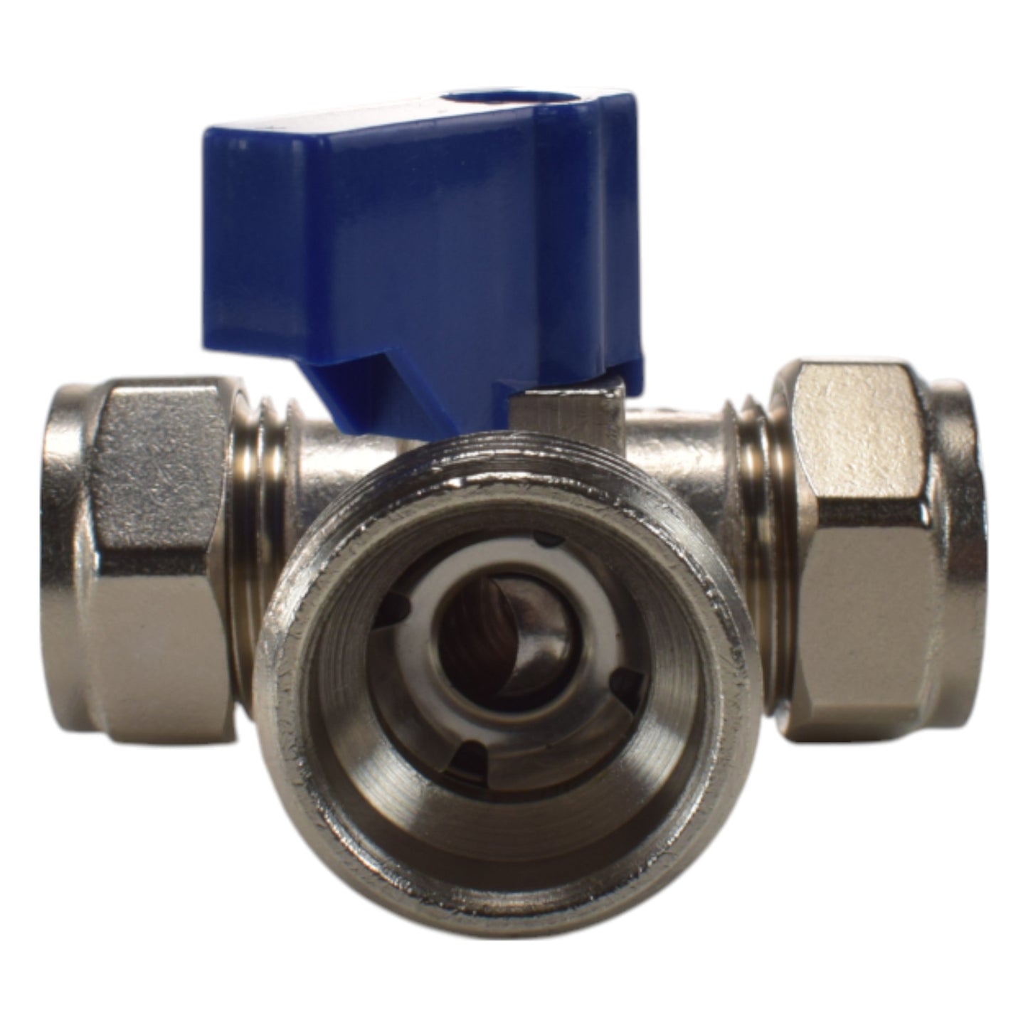 Brass compression tee valve with blue lever; close view of internal seat and threaded ports