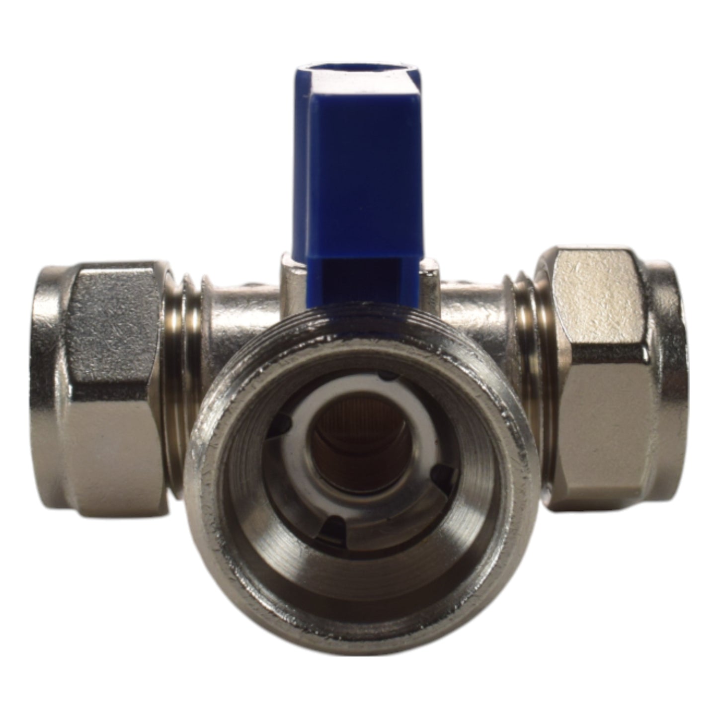 Brass compression tee valve with blue lever; centered body with 15mm 3/4" BSP male ends