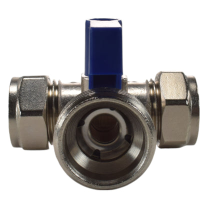 Brass compression tee valve with blue lever; centered body with 15mm 3/4" BSP male ends