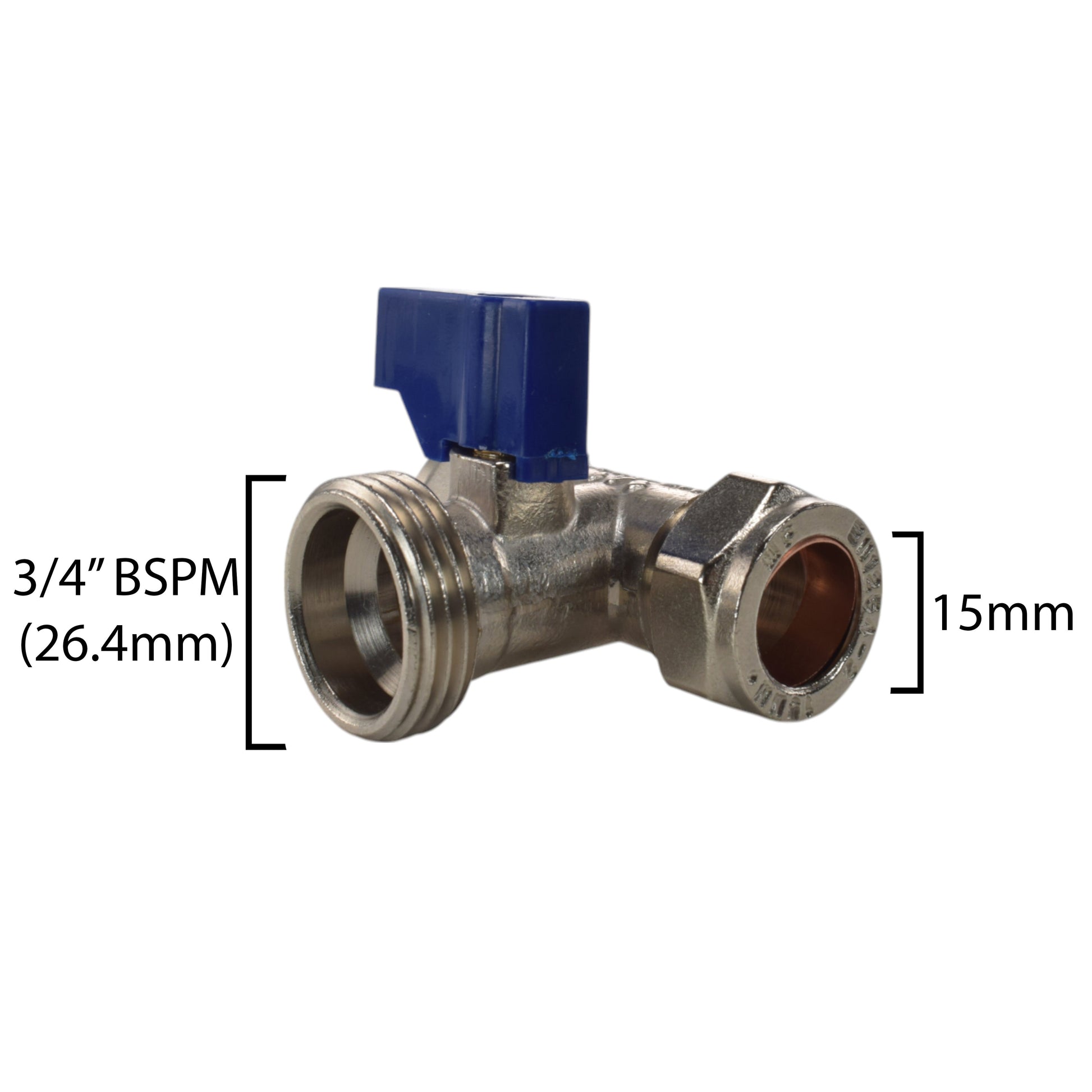 Brass compression tee valve, 15mm and 3/4" BSP male ports, blue lever shown