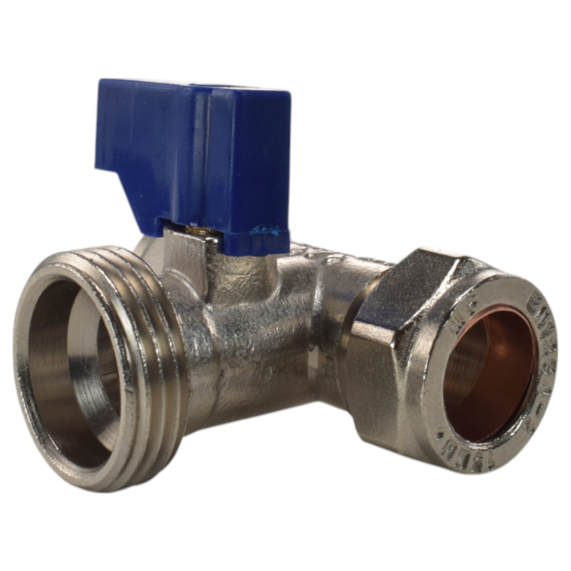 Brass compression tee valve with blue top, 15mm compression ends