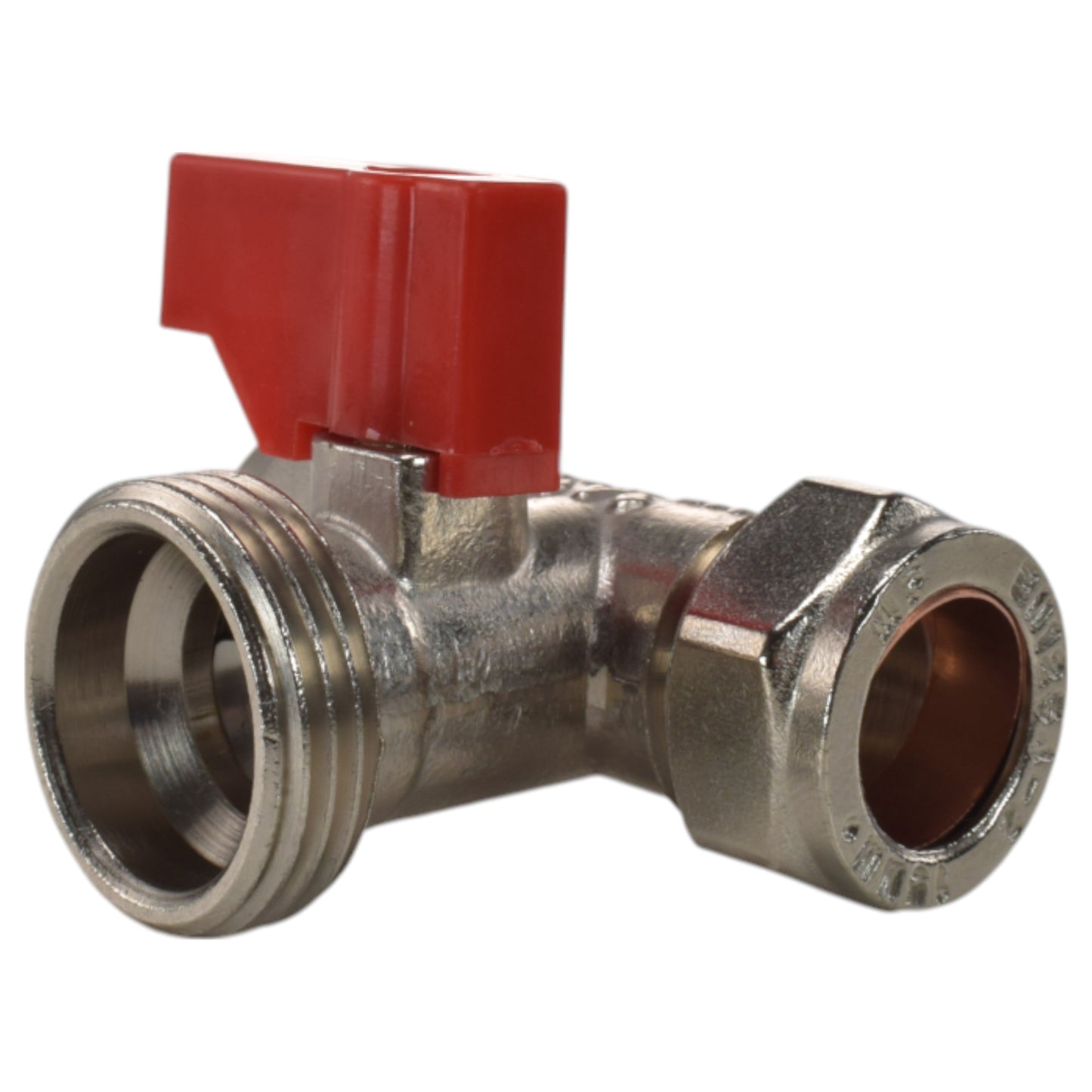 Brass compression tee valve with red lever, 15mm; 3/4" BSP male fitting, angled view
