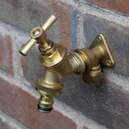 Brass quick-connect wall tap valve with threaded connections and lever handle