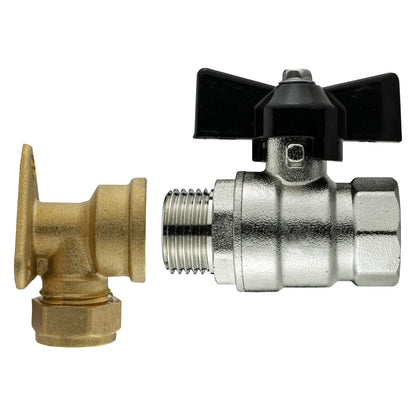 Brass wall flange bib valve with black handle and 1/2" BSP threads