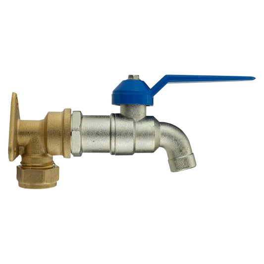 15mm brass wall flange kit with lever tap, with blue handle and threaded joints