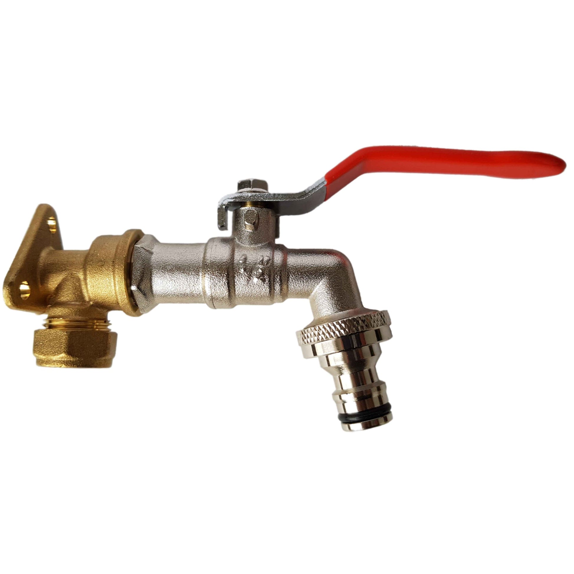 15mm brass wall flange kit, quick-connect lever tap with red handle and metal body