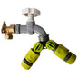 Brass wall flange kit with grey dial tap, splitter, and connectors with green grips