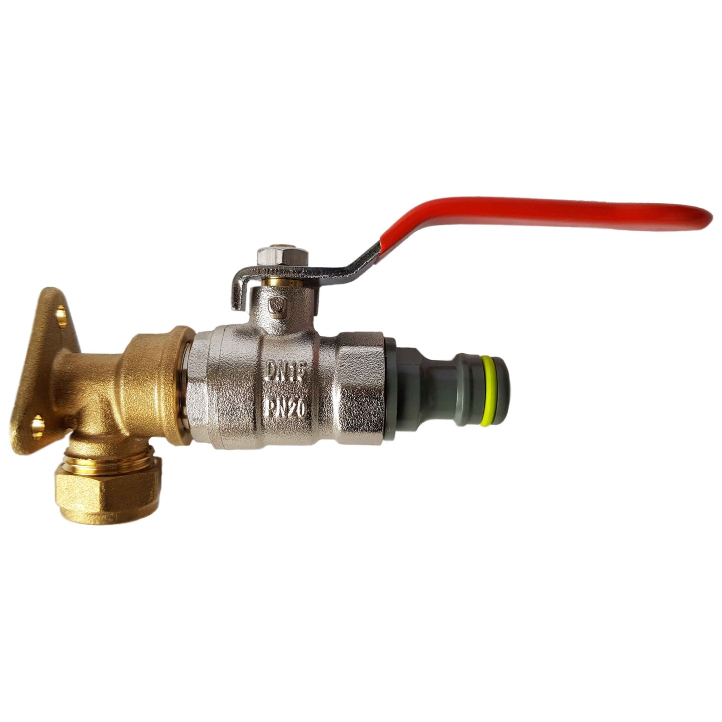 Brass wall flange kit with lever valve and click-lock hose connector