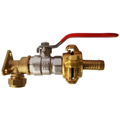 Brass wall flange kit with lever valve, DN15/PN20 markings and barbed outlet