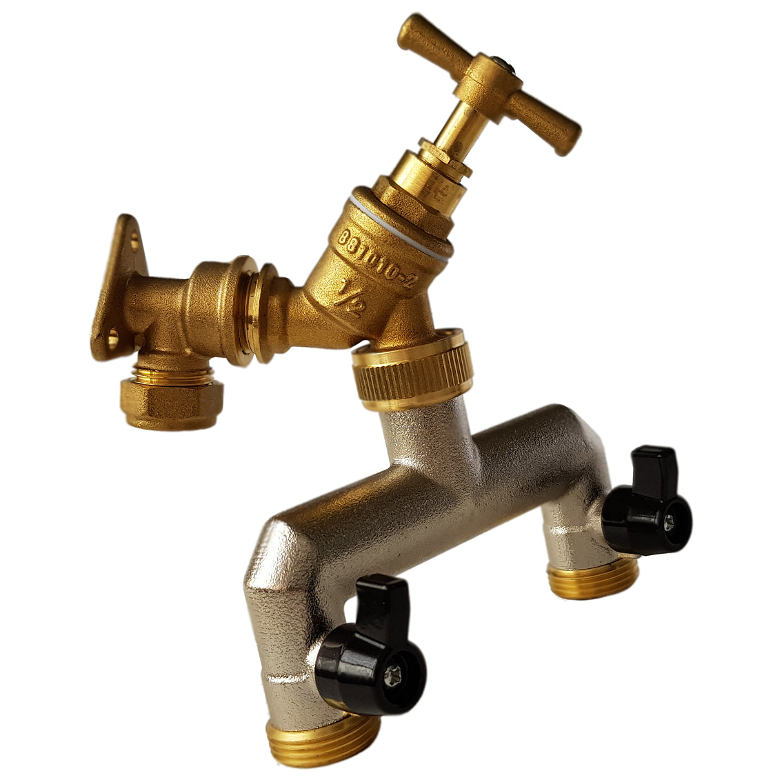 Brass wall flange tap kit with brass splitter, 3/4" BSP fittings and valves