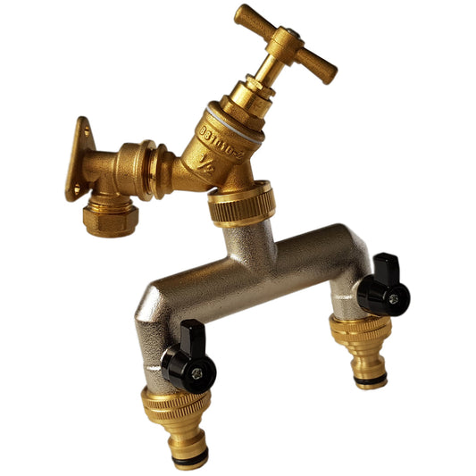15mm Brass Wall Flange Kit: brass tap with metal split connector and quick-connect fittings