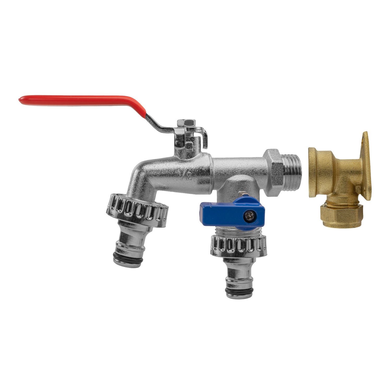Quick-connect tap valve with red lever handle, silver body, blue coupler, gold outlet