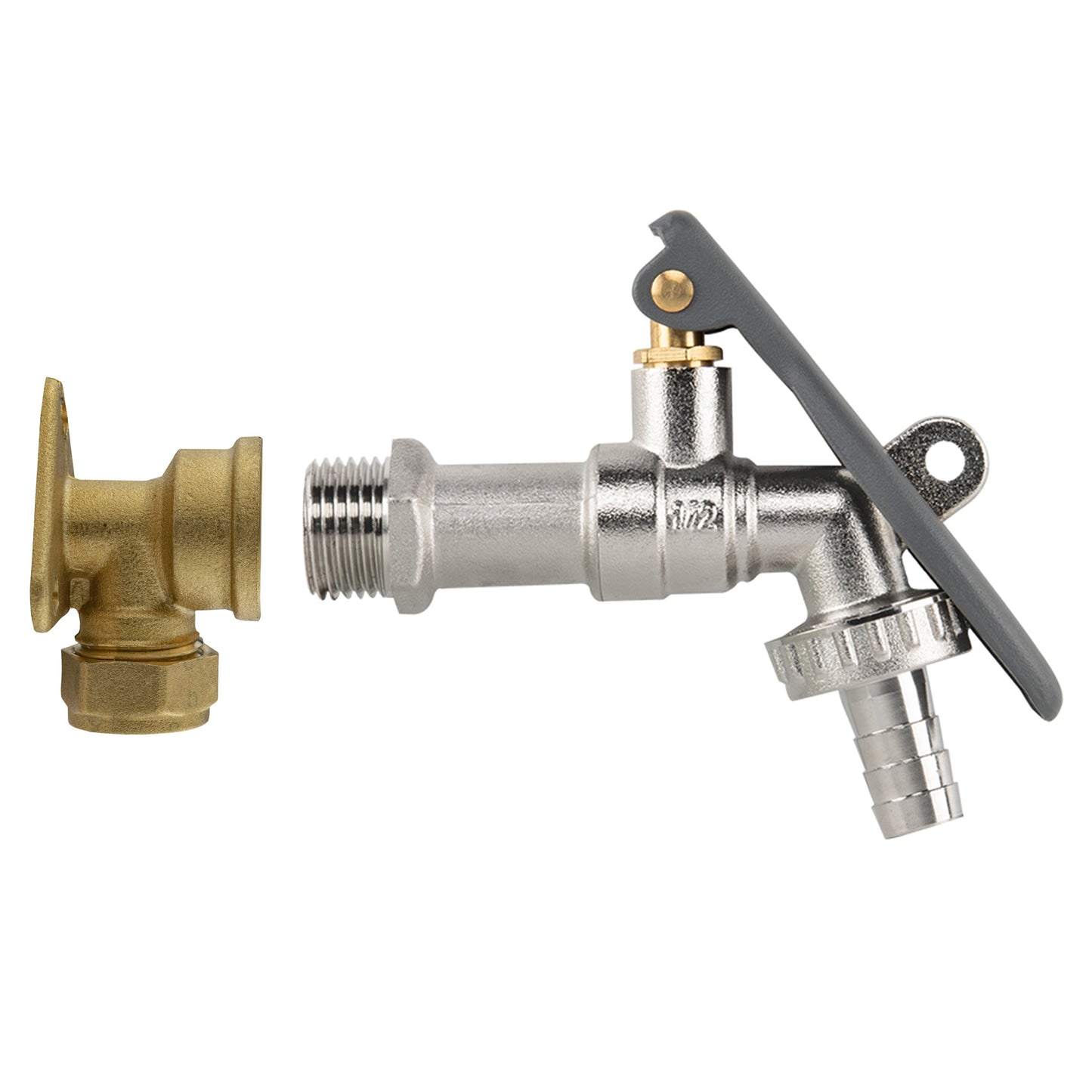 15mm wall flange kit in brass with lever tap and hose barb, lever lock