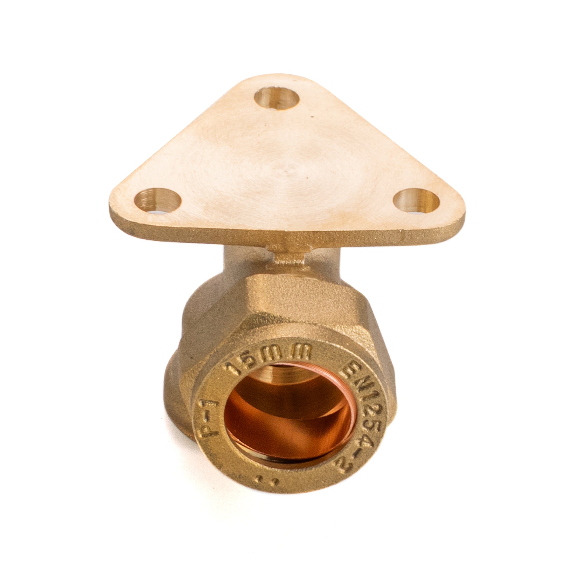 15mm brass wall flange with 3-hole mount and internal valve opening