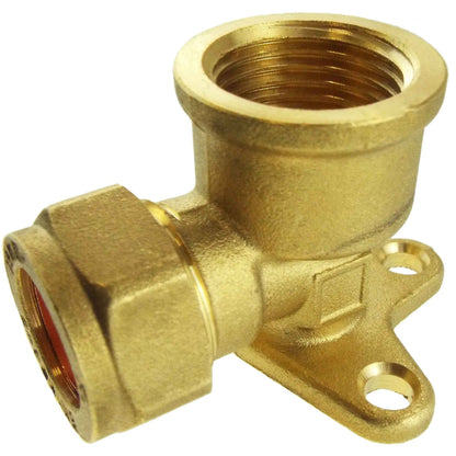 Brass wall flange tee-style connector with side port and mounting holes