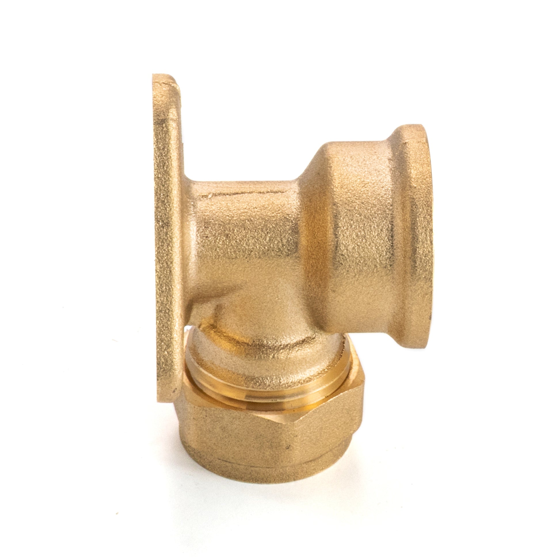 Brass 15mm wall flange elbow valve with internal port and inlet/outlet threads