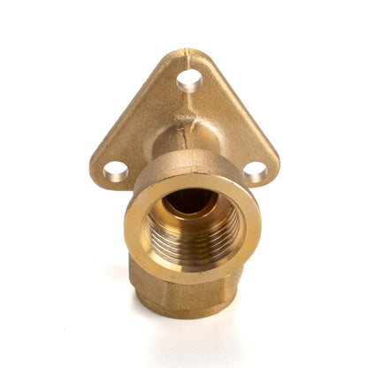 Brass 15mm wall flange tap fitting with three mounting holes and threaded outlet