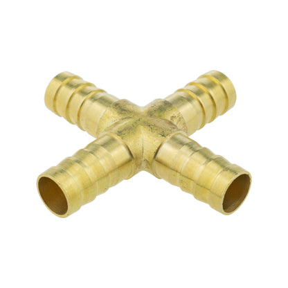 10mm brass cross joiner with cross shape and matching barbed threaded ports