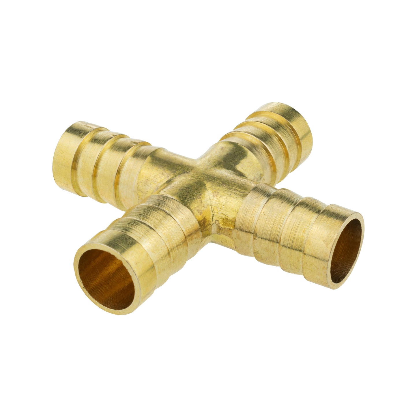 Brass cross joiner 12.5mm, side view with barbed ports and ridged grip