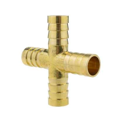 Brass cross joiner 12.5mm, angled view with visible port openings and threads