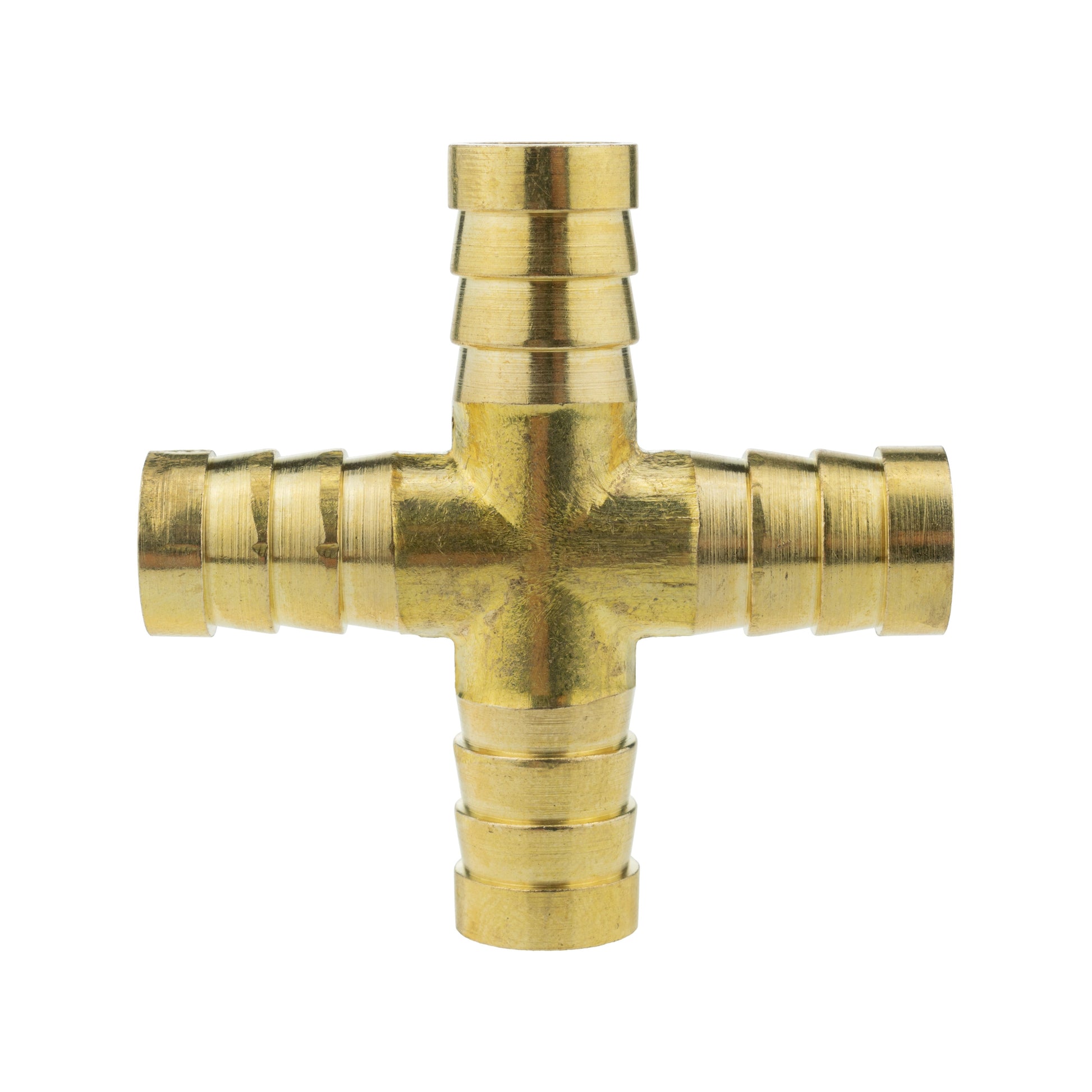 Brass cross joiner 12.5mm with four barbed ends and threaded fittings