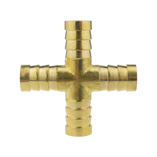 Brass cross joiner 12.5mm with four barbed ends and threaded fittings