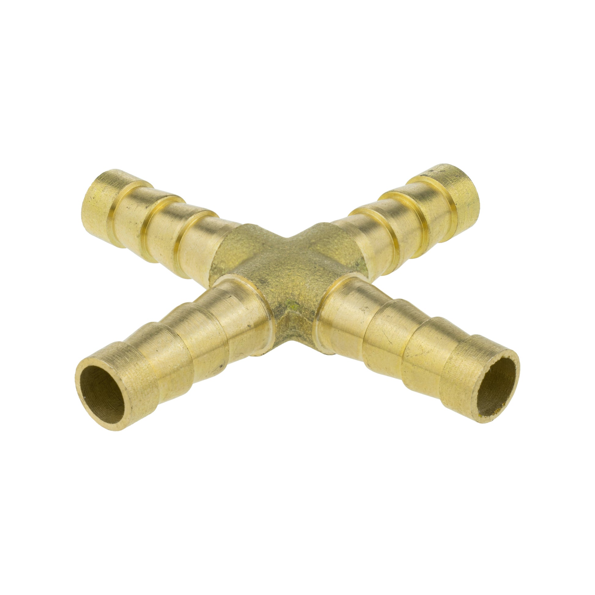 Brass cross joiner 6mm, angled view of barbed ports