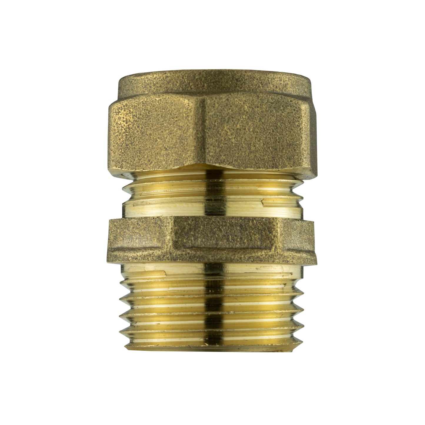 Brass compression end with hex nut, grooved grip, and threaded section