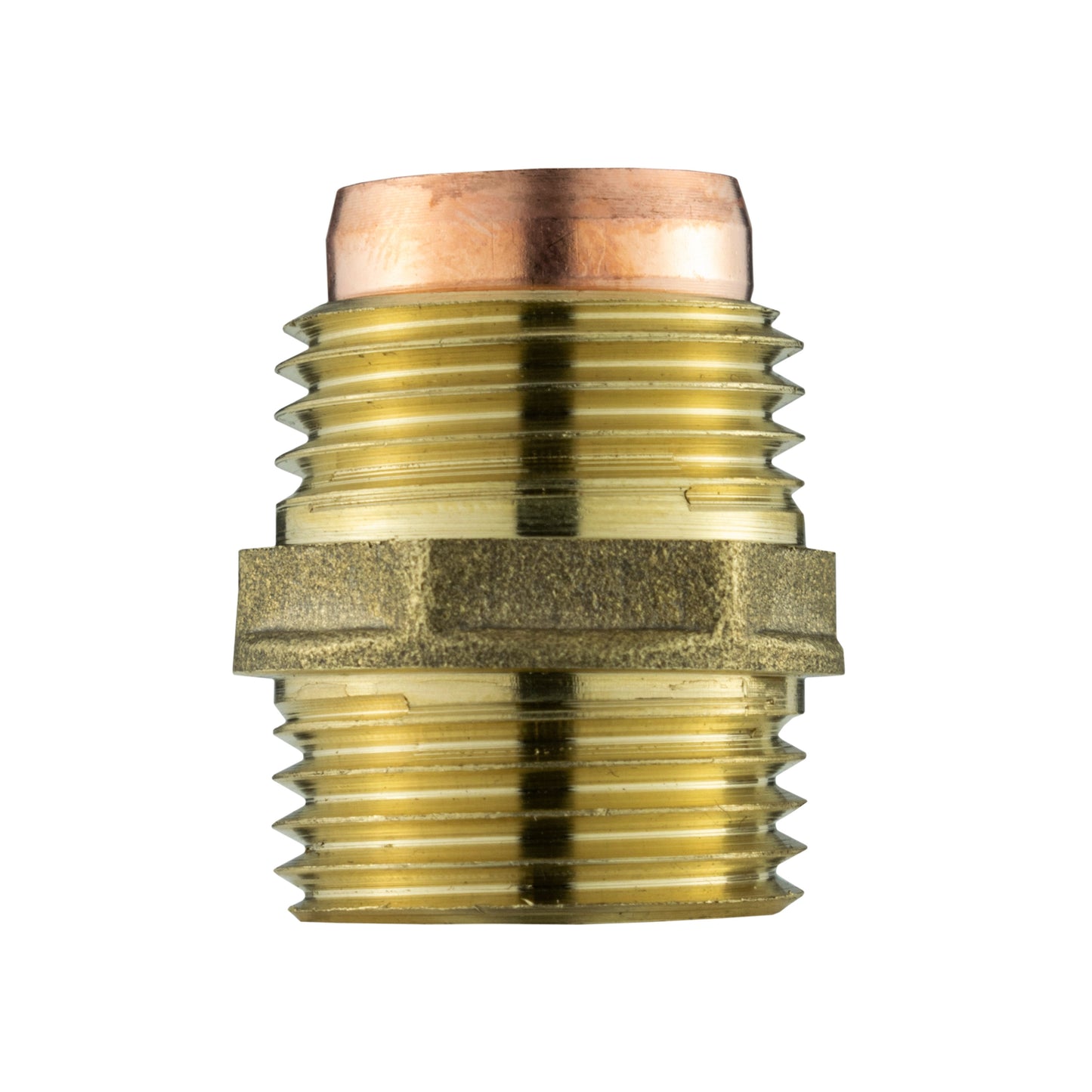 Brass compression straight fitting, 15mm x 1/2" BSPM, hex body with internal compression ring