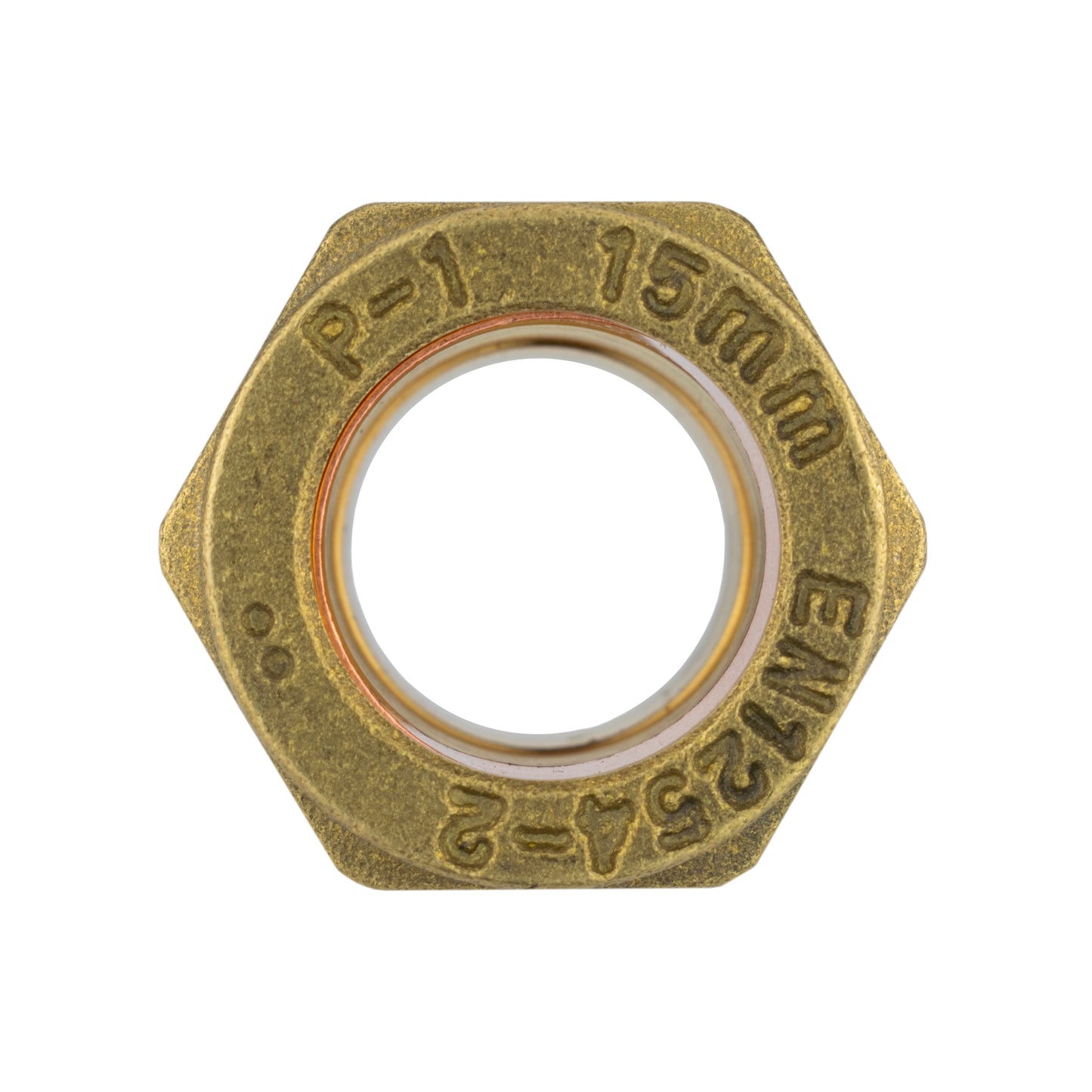 Brass compression straight fitting hex seal, 15mm x 1/2" BSPM, embossed size markings