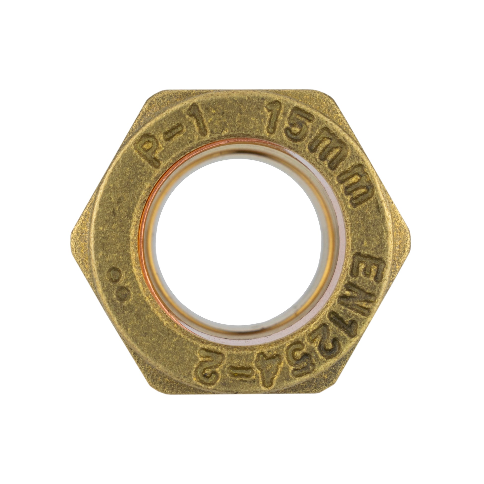 Brass compression straight fitting hex seal, 15mm x 1/2" BSPM, embossed size markings