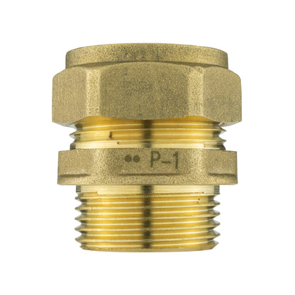 Brass compression connector, close-up of threaded ends and seal face