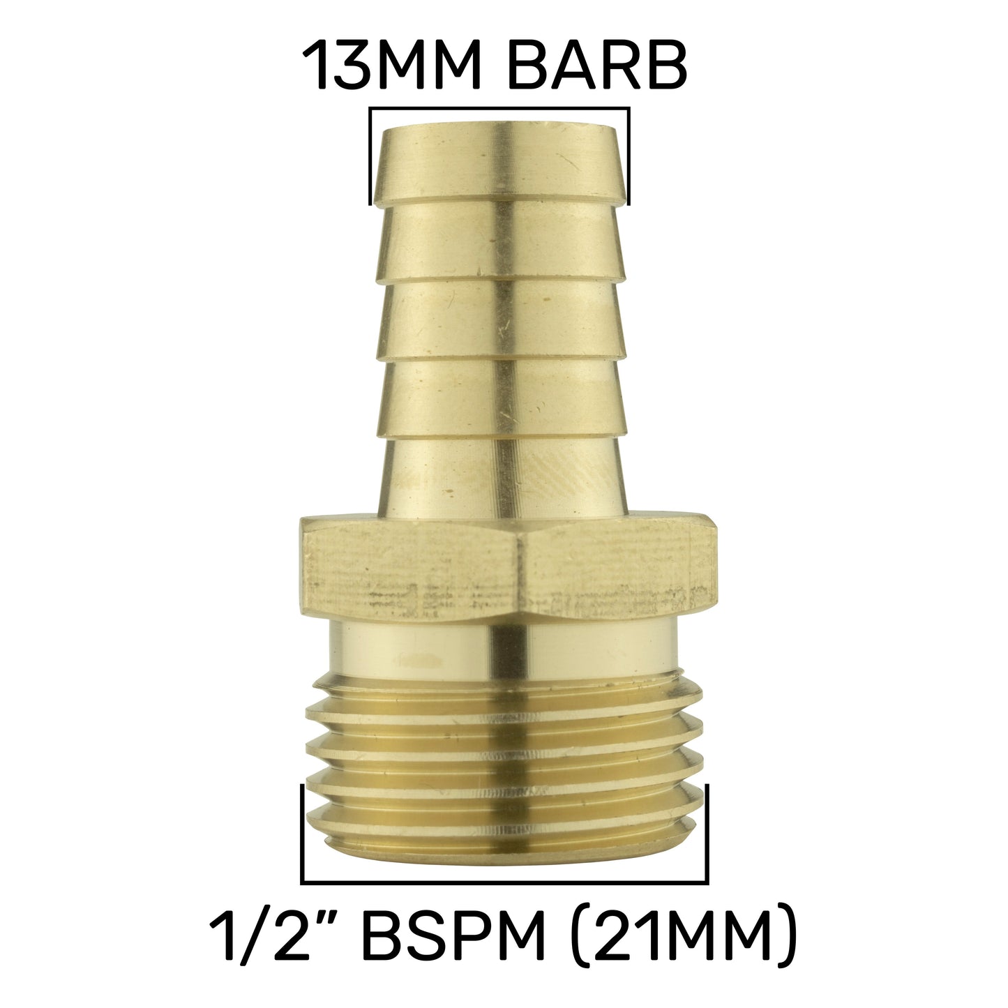 Brass straight joiner with 13mm barb and 1/2" BSPM thread