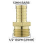 Brass straight joiner with 13mm barb and 1/2" BSPM thread